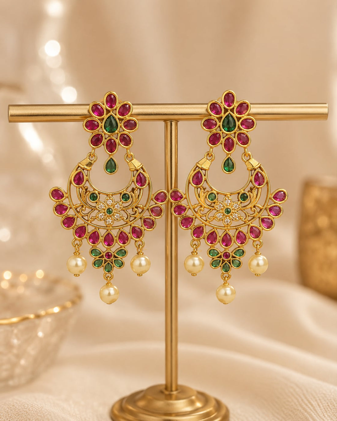 FeelOri gold-plated ruby and emerald earrings on jewellery display