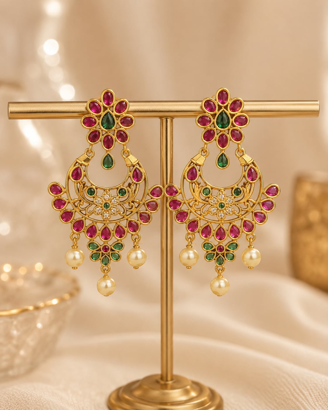 FeelOri gold-plated ruby and emerald earrings on jewellery display