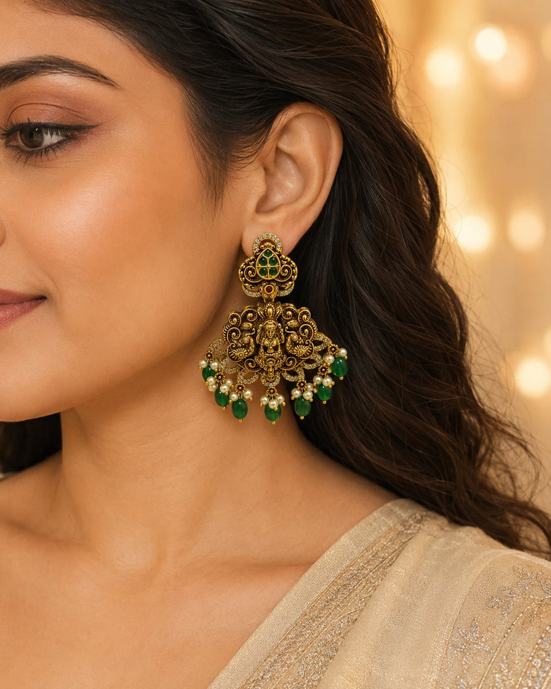 FeelOri gold-plated ruby and emerald earrings styled with Indian occasion wear