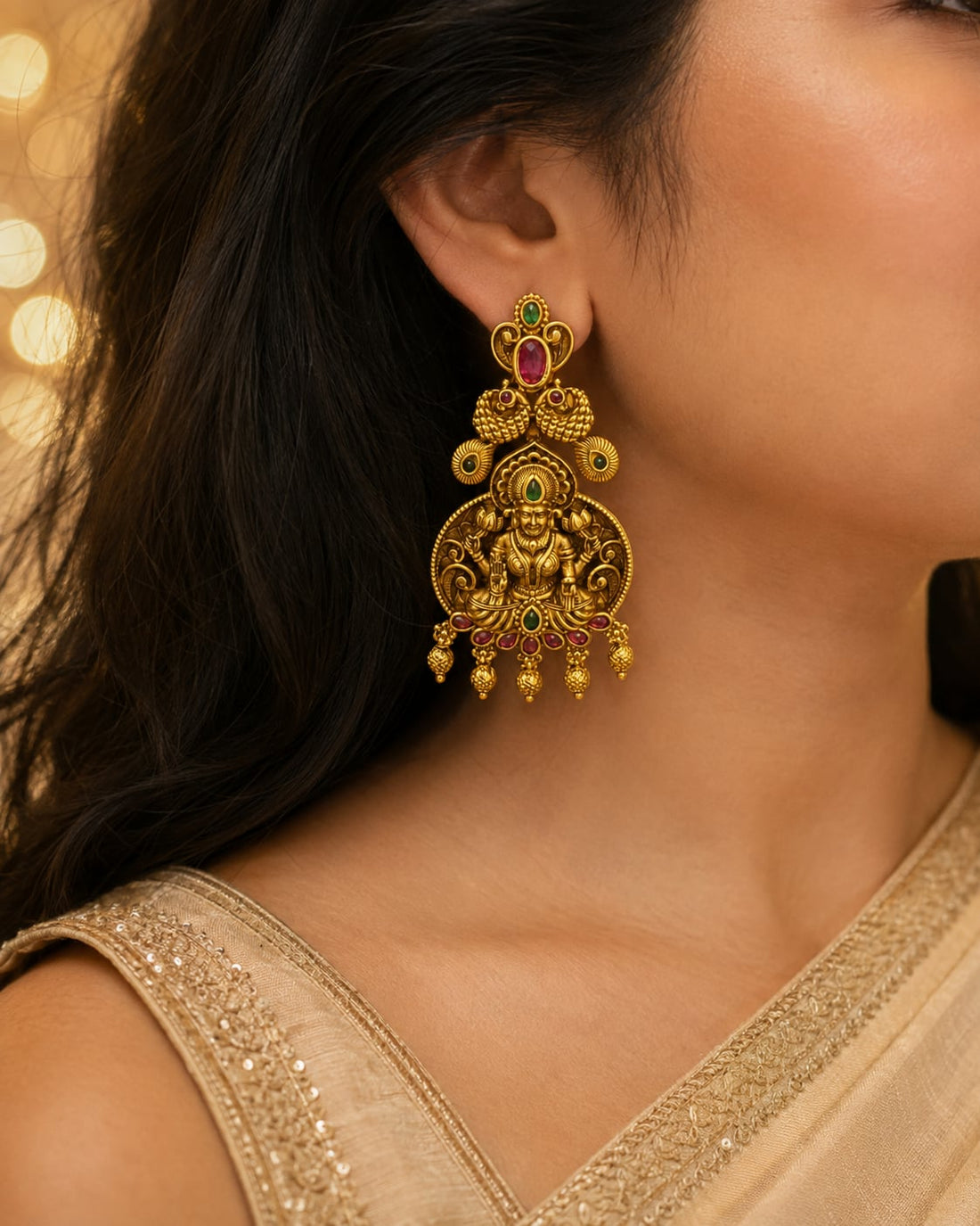 FeelOri gold-plated ruby and emerald earrings styled with Indian occasion wear