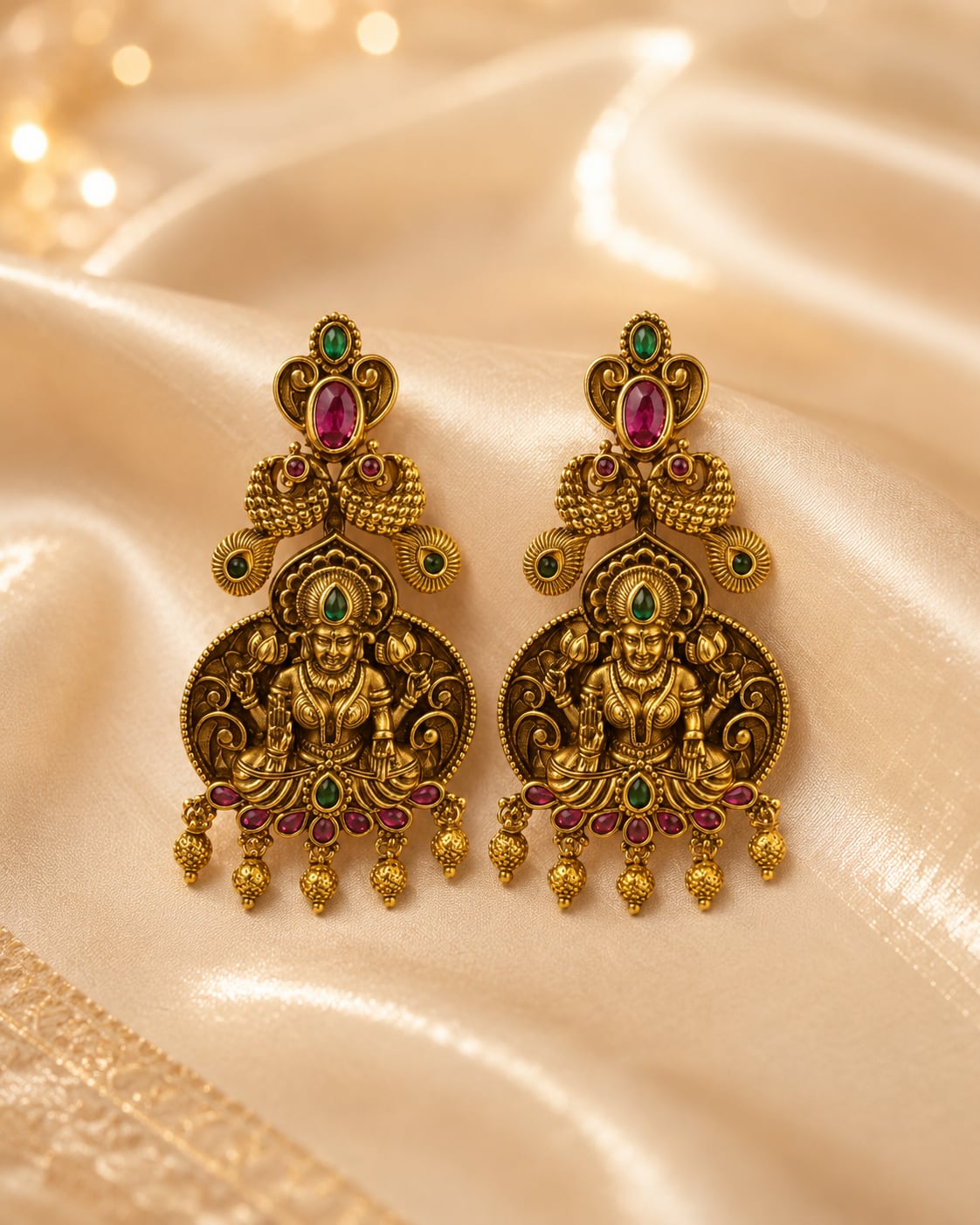 FeelOri gold-plated ruby and emerald earrings styled with saree fabric for Indian occasion wear