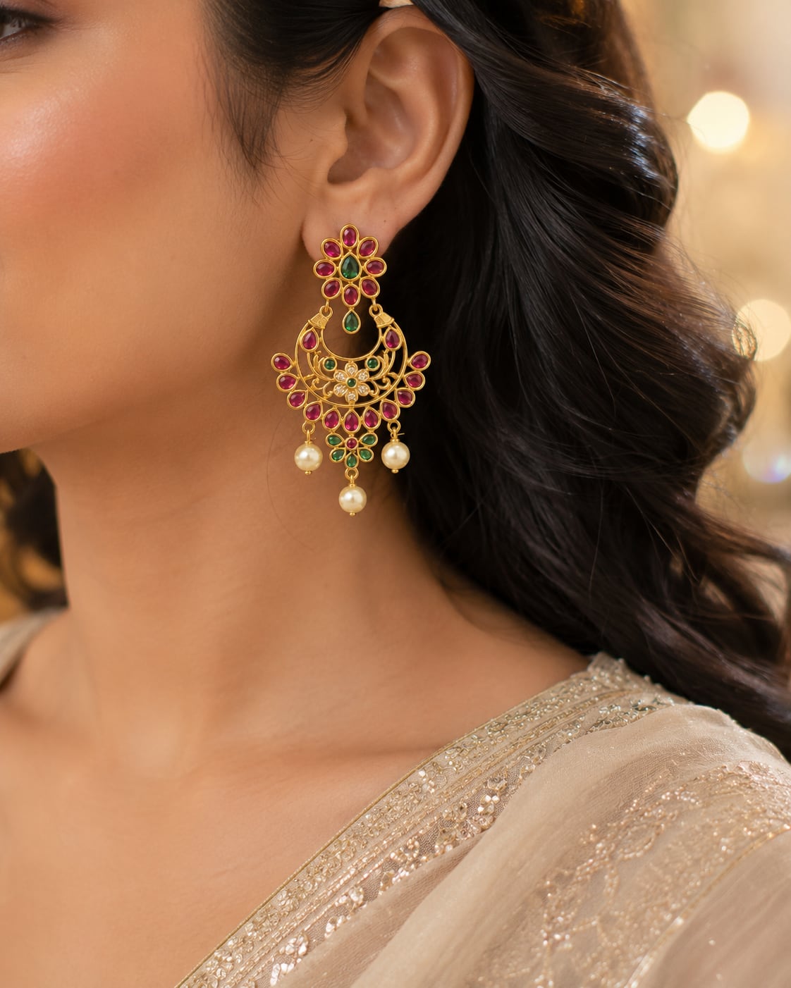 FeelOri gold-plated ruby and emerald earrings styled with saree fabric for Indian occasion wear