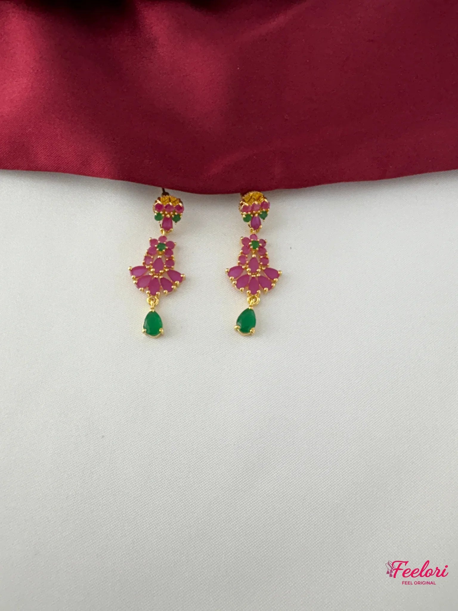 FeelOri Gold Plated Ruby Emerald Earrings - Close-up view of the matching push-back earrings, highlighting the intricate cluster of genuine stones and emerald drop.