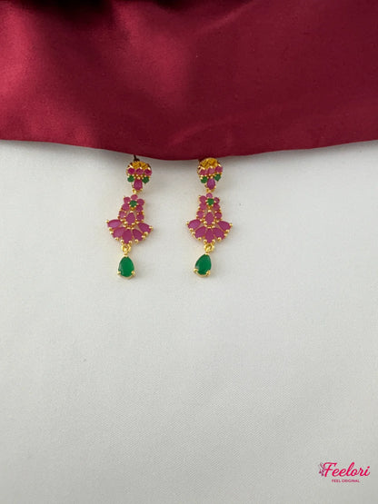 FeelOri Gold Plated Ruby Emerald Earrings - Close-up view of the matching push-back earrings, highlighting the intricate cluster of genuine stones and emerald drop.