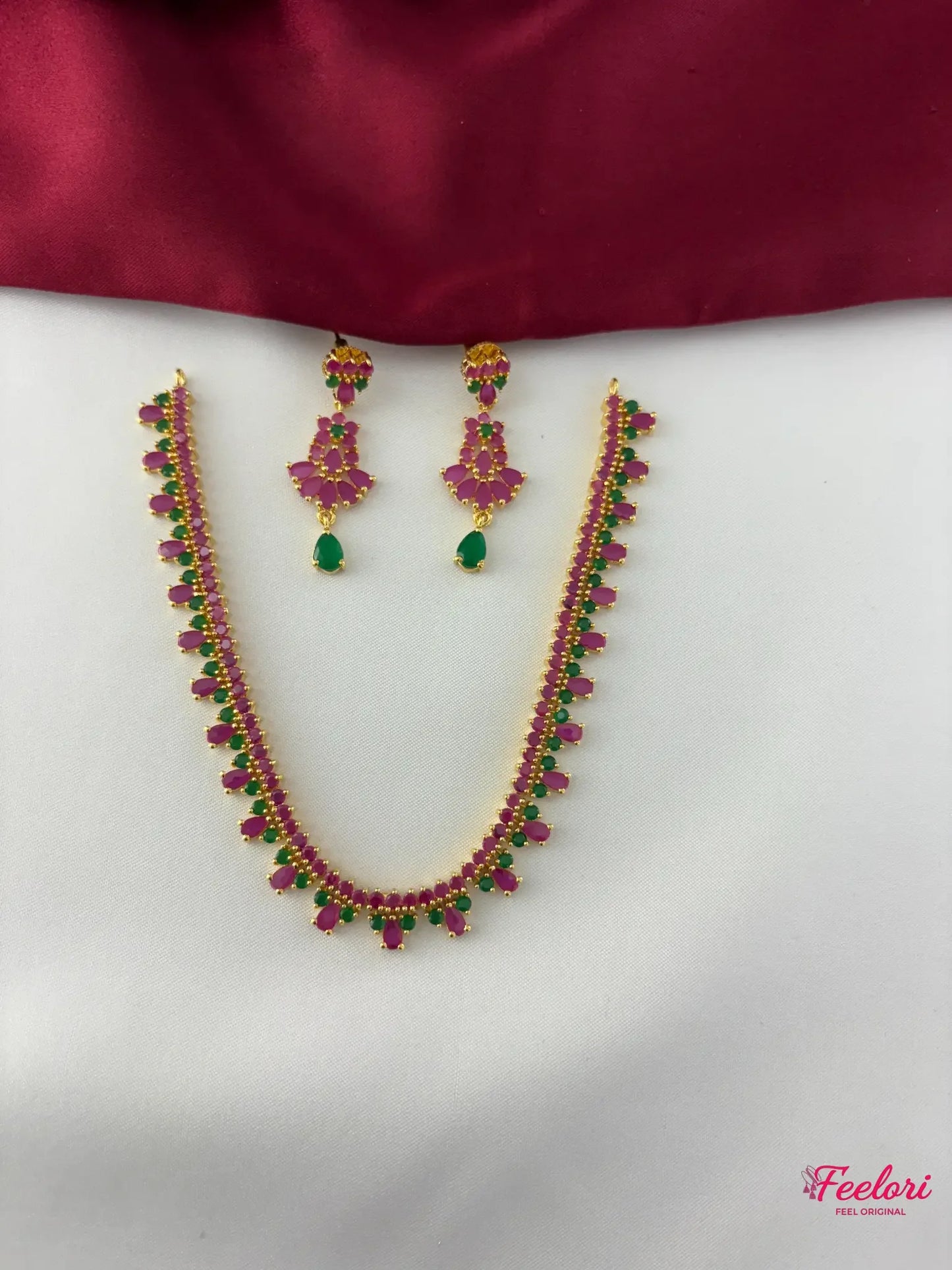 FeelOri Gold Plated Ruby Emerald Vine Necklace Set - Main view showcasing the full necklace and matching earrings with delicate cluster arrangement.
