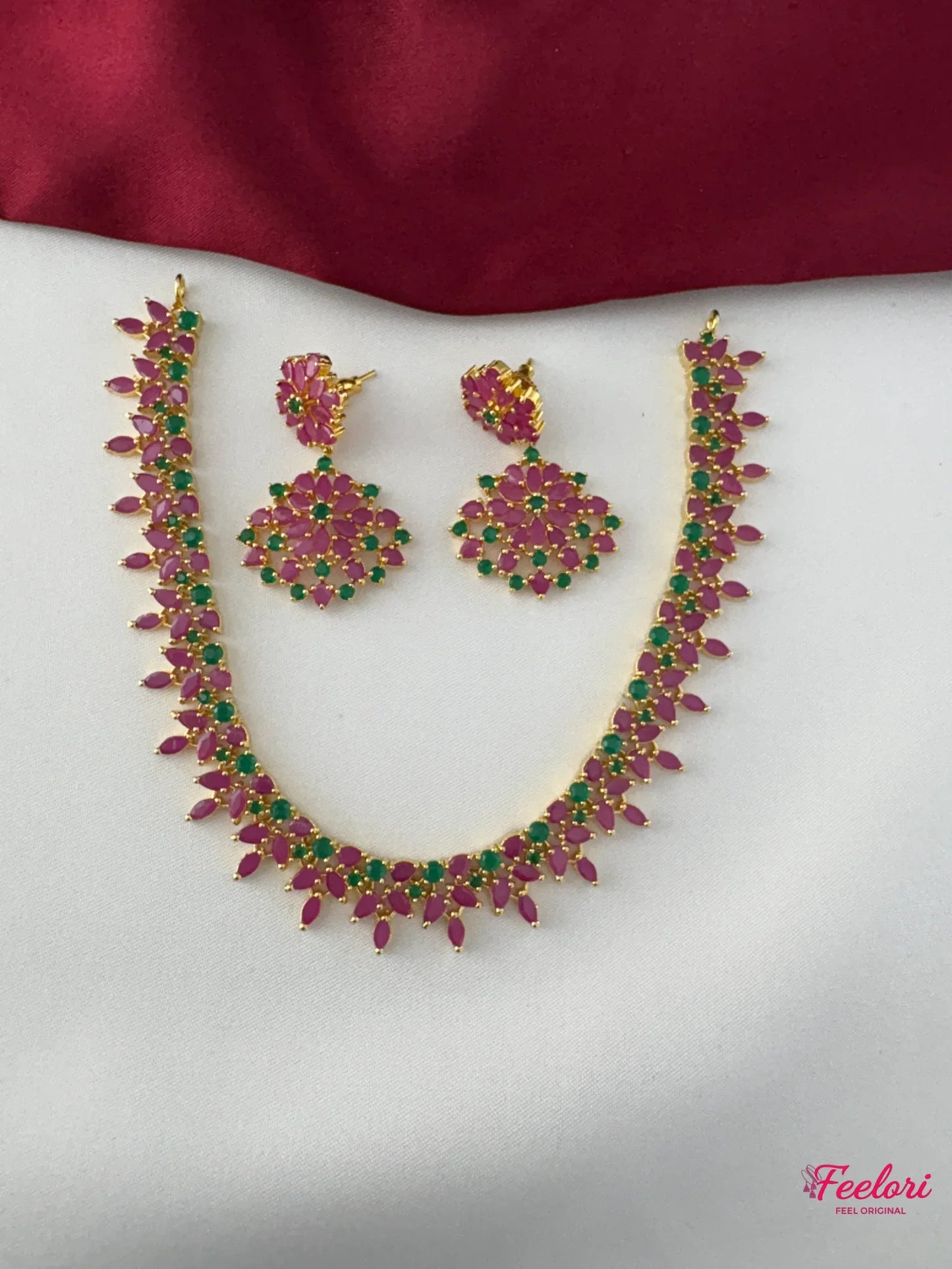 FeelOri Gold Plated Ruby Emerald Marquise Petal Necklace Set - Front view showcasing vibrant gemstones and adjustable dori.
