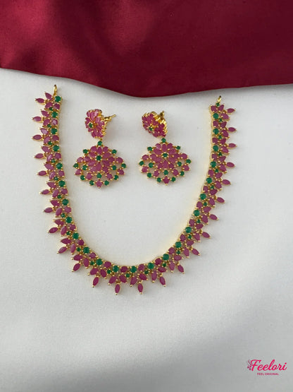 FeelOri Gold Plated Ruby Emerald Marquise Petal Necklace Set - Front view showcasing vibrant gemstones and adjustable dori.