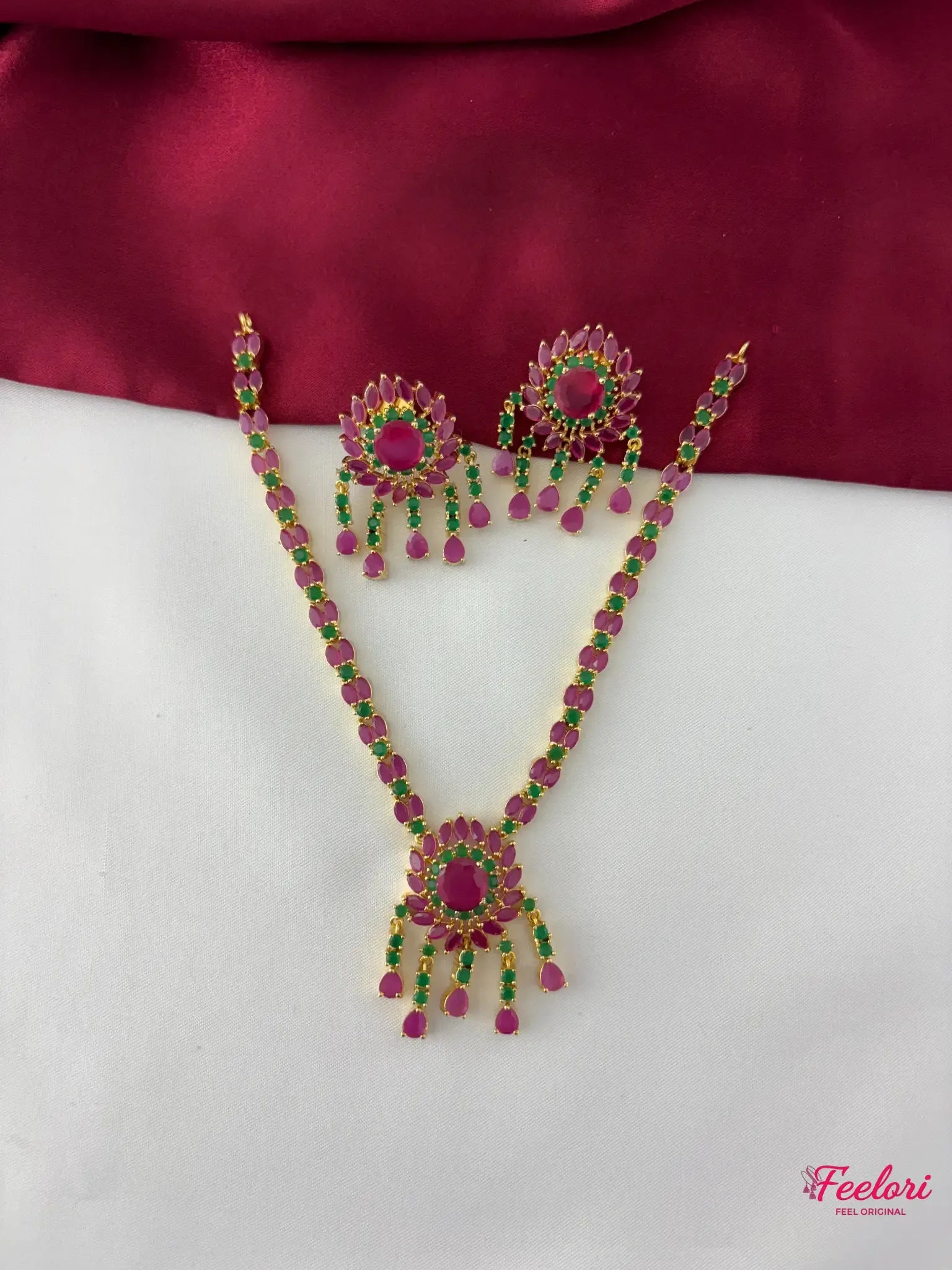 FeelOri Gold Plated Ruby Emerald Floral Petal Necklace Set - Full view showcasing the intricate design of both necklace and matching earrings with dangling drops.