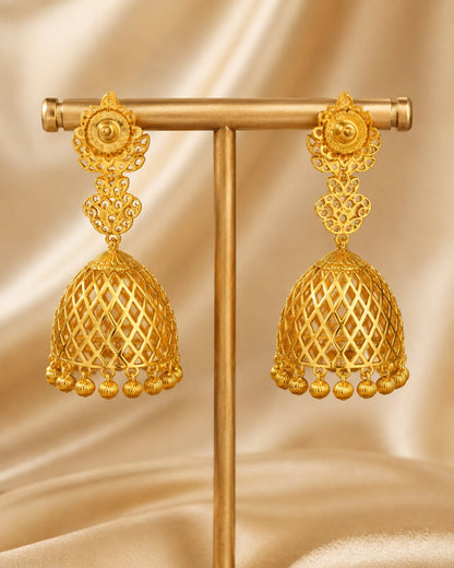 Rear view of openwork CZ jhumka earrings with straight posts and push-back closures