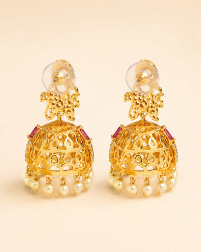 Rear view of FeelOri gold-plated ruby emerald floral CZ jhumka earrings showing push-back closures