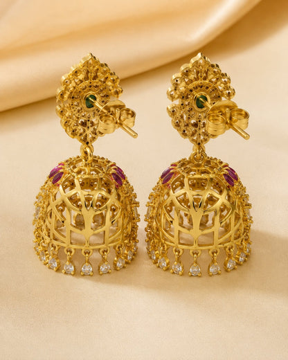 Rear view of FeelOri gold-plated ruby emerald floral-dome CZ jhumka earrings showing push-back closures
