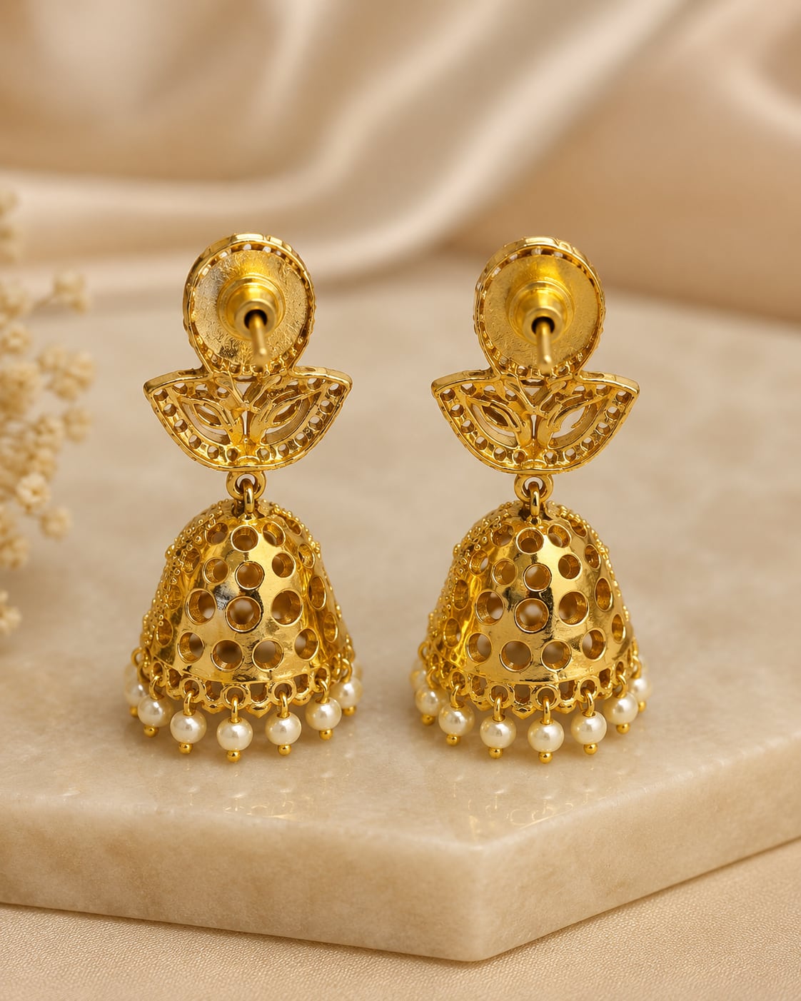 Rear view of FeelOri petite gold-plated ruby emerald butterfly CZ jhumka earrings showing push-back closures