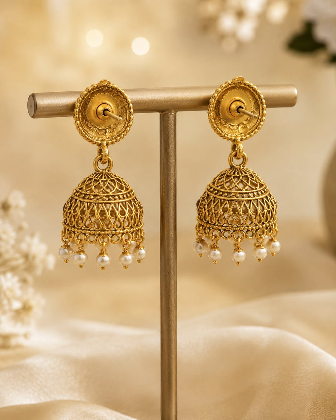 FeelOri gold-plated ruby and emerald jhumka earrings rear view showing openwork reverse, straight posts, and push-back closures