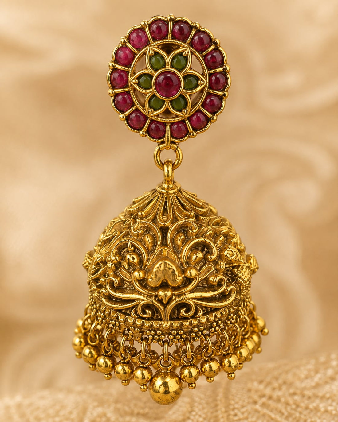 FeelOri gold-plated ruby and emerald jhumka earrings stone setting, ear-chain or earring construction, and gold-plated finish detail