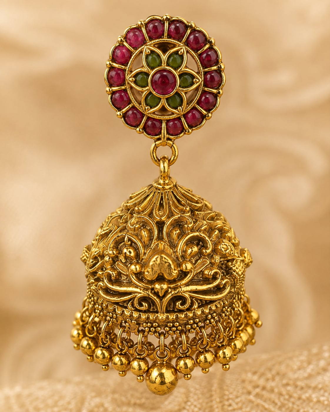 FeelOri gold-plated ruby and emerald jhumka earrings stone setting, ear-chain or earring construction, and gold-plated finish detail