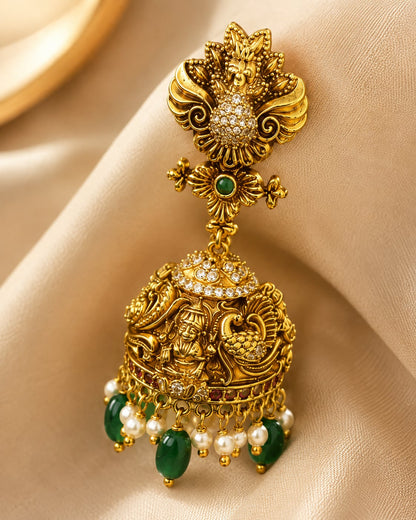 FeelOri gold-plated ruby and emerald jhumka earrings stone setting, ear-chain or earring construction, and gold-plated finish detail