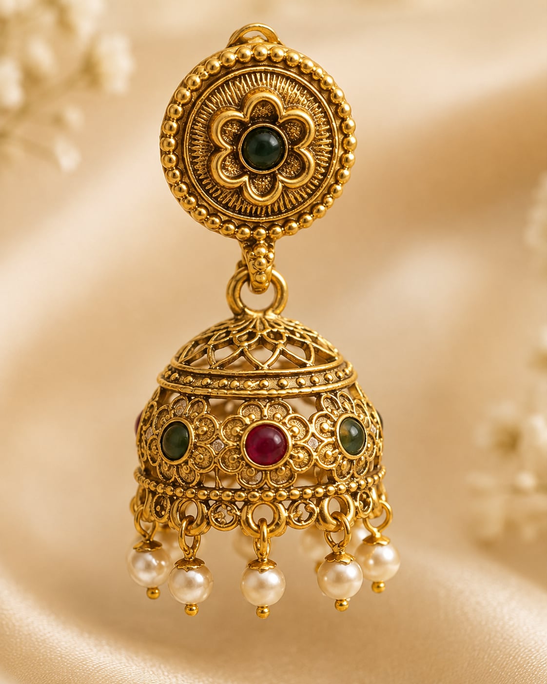 FeelOri gold-plated ruby and emerald jhumka earrings stone setting, ear-chain or earring construction, and gold-plated finish detail