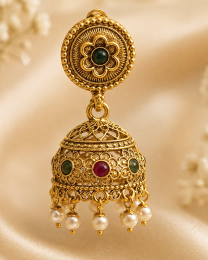 FeelOri gold-plated ruby and emerald jhumka earrings stone setting, ear-chain or earring construction, and gold-plated finish detail