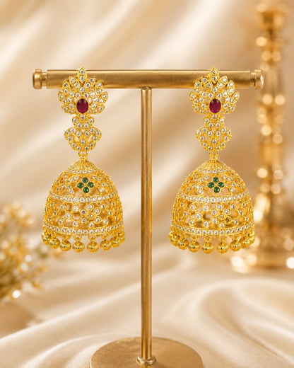 FeelOri gold-plated CZ openwork jhumka earrings with ruby centres and emerald accents