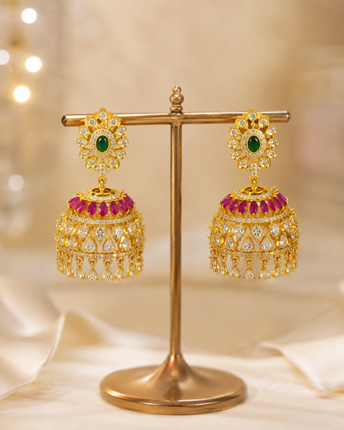 FeelOri gold-plated ruby emerald floral-dome CZ jhumka earrings displayed as a matching pair