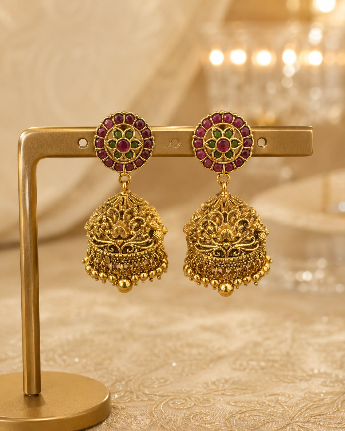 FeelOri gold-plated ruby and emerald jhumka earrings on jewellery display
