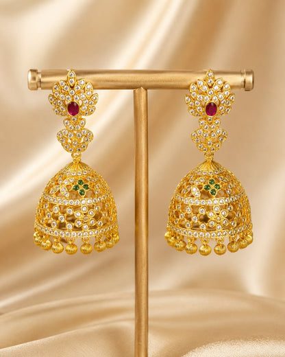 Pair of FeelOri gold-plated openwork CZ jhumka earrings, front view
