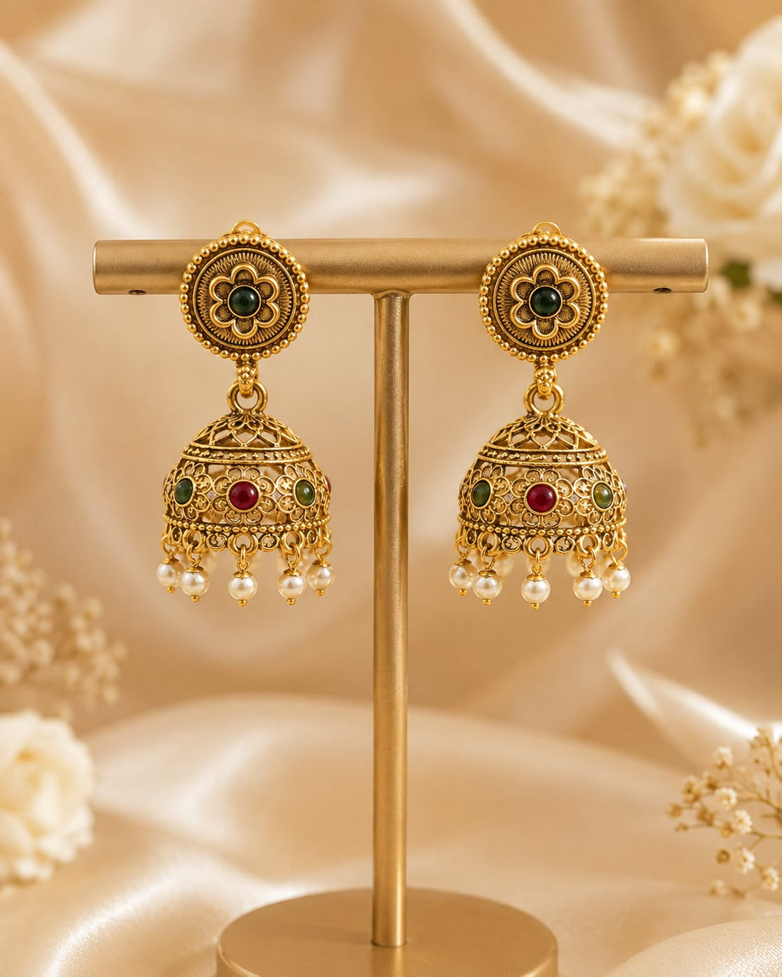 FeelOri gold-plated ruby and emerald jhumka earrings for sarees, kurtas, and festive styling