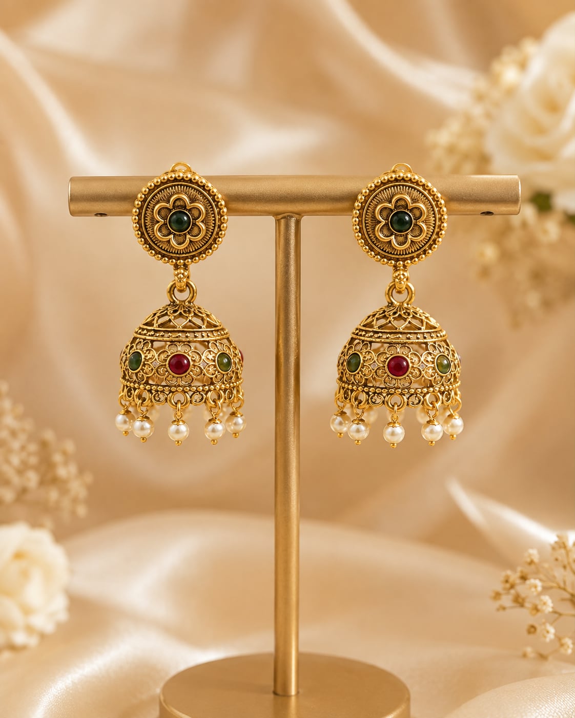 FeelOri gold-plated ruby and emerald jhumka earrings for sarees, kurtas, and festive styling