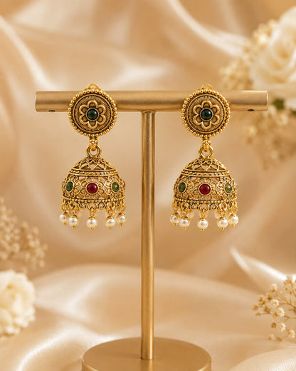 FeelOri gold-plated ruby and emerald jhumka earrings for sarees, kurtas, and festive styling