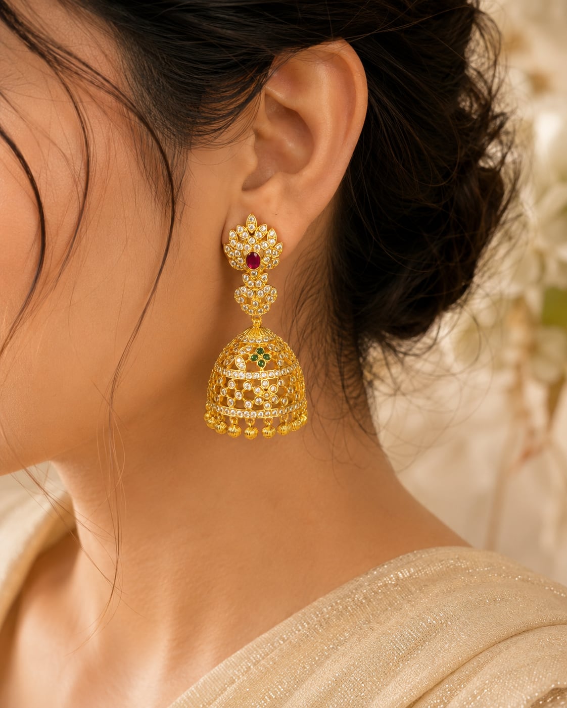 Model wearing FeelOri gold-plated CZ jhumka earrings with ruby and emerald accents
