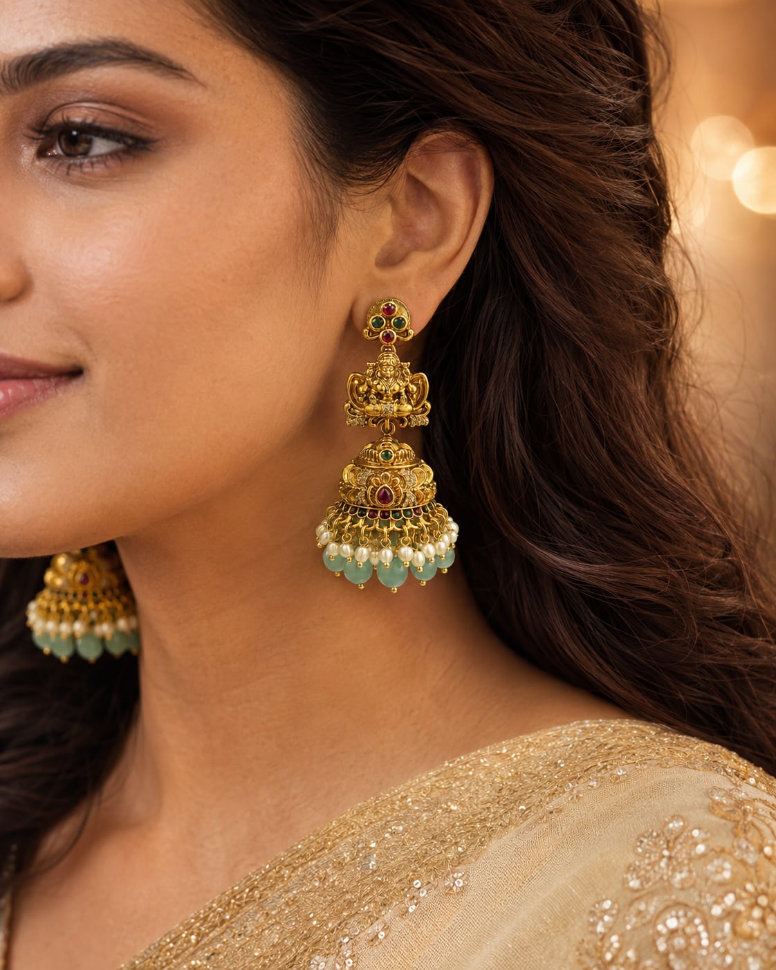 FeelOri gold-plated ruby and emerald jhumka earrings styled with Indian occasion wear