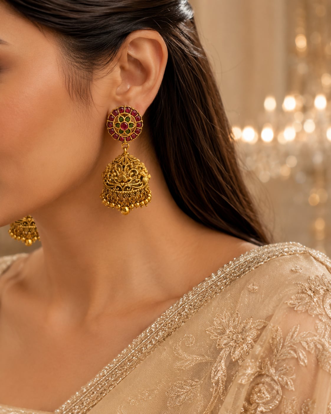 FeelOri gold-plated ruby and emerald jhumka earrings styled with Indian occasion wear