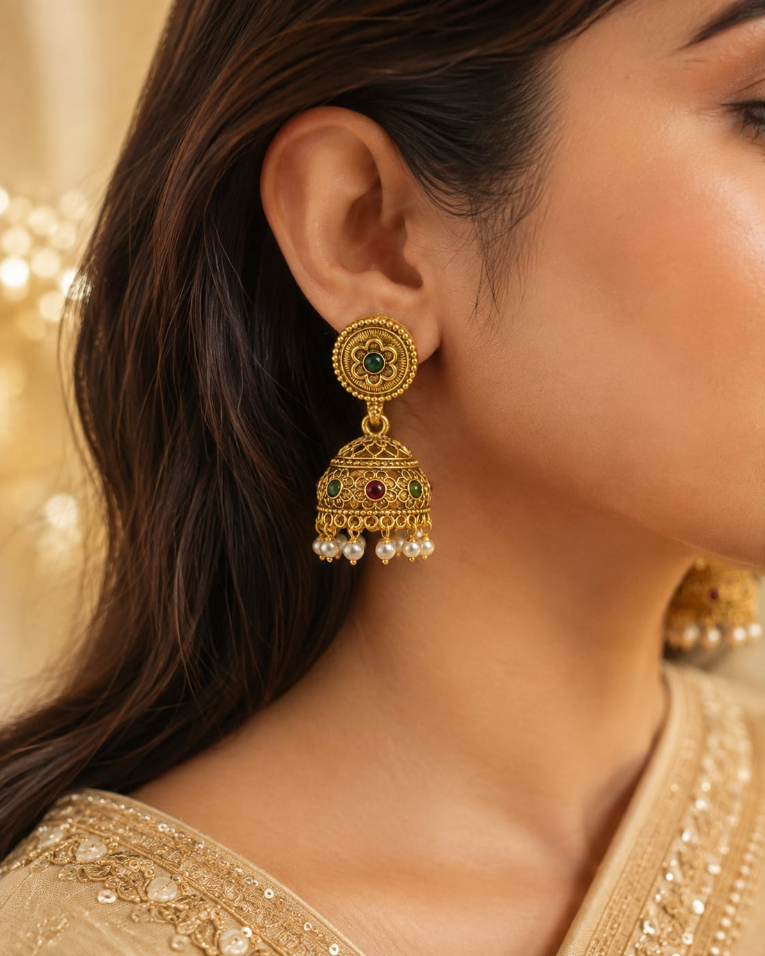 FeelOri gold-plated ruby and emerald jhumka earrings styled with Indian occasion wear