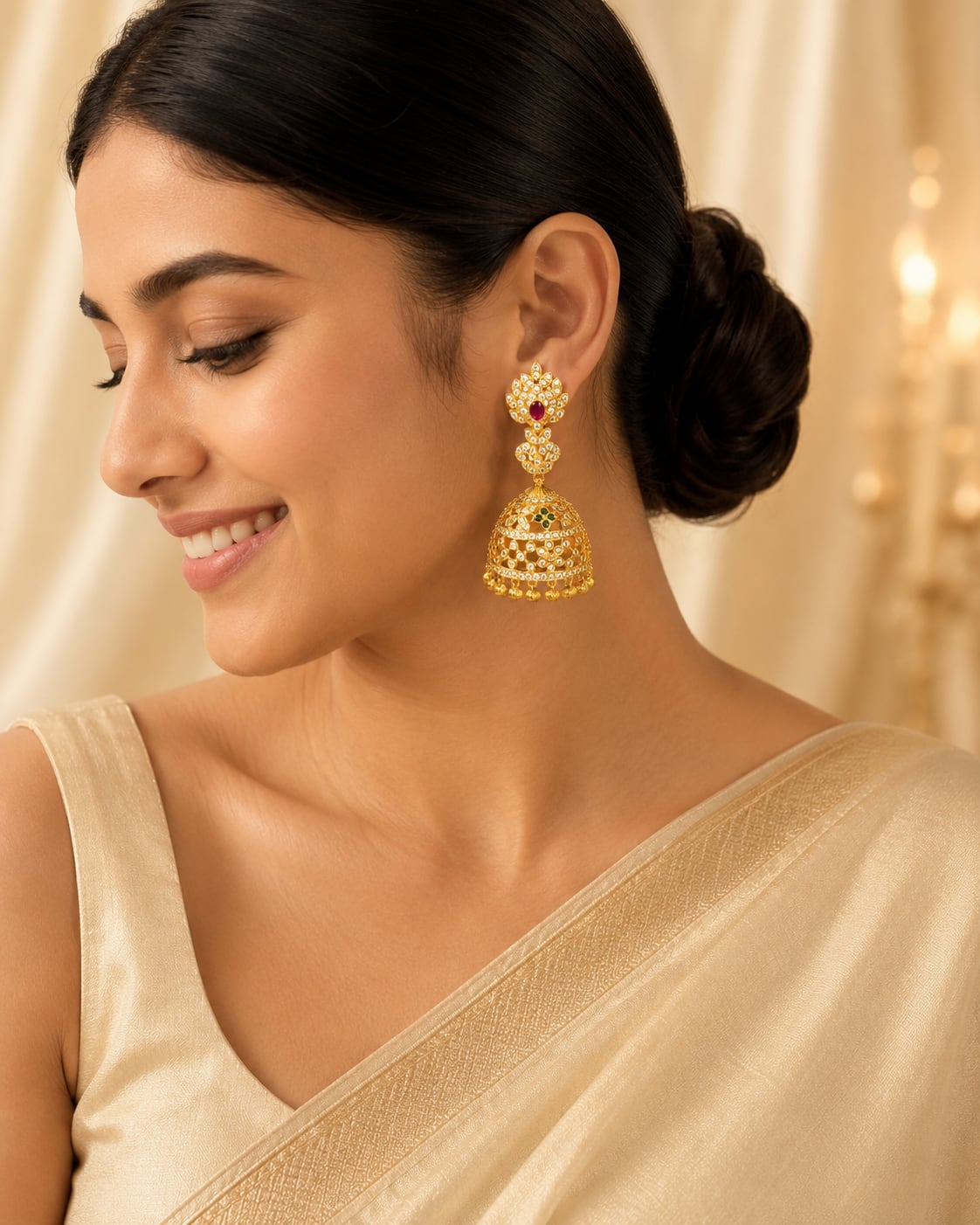 FeelOri ruby emerald CZ jhumka earrings styled on Indian silk textile