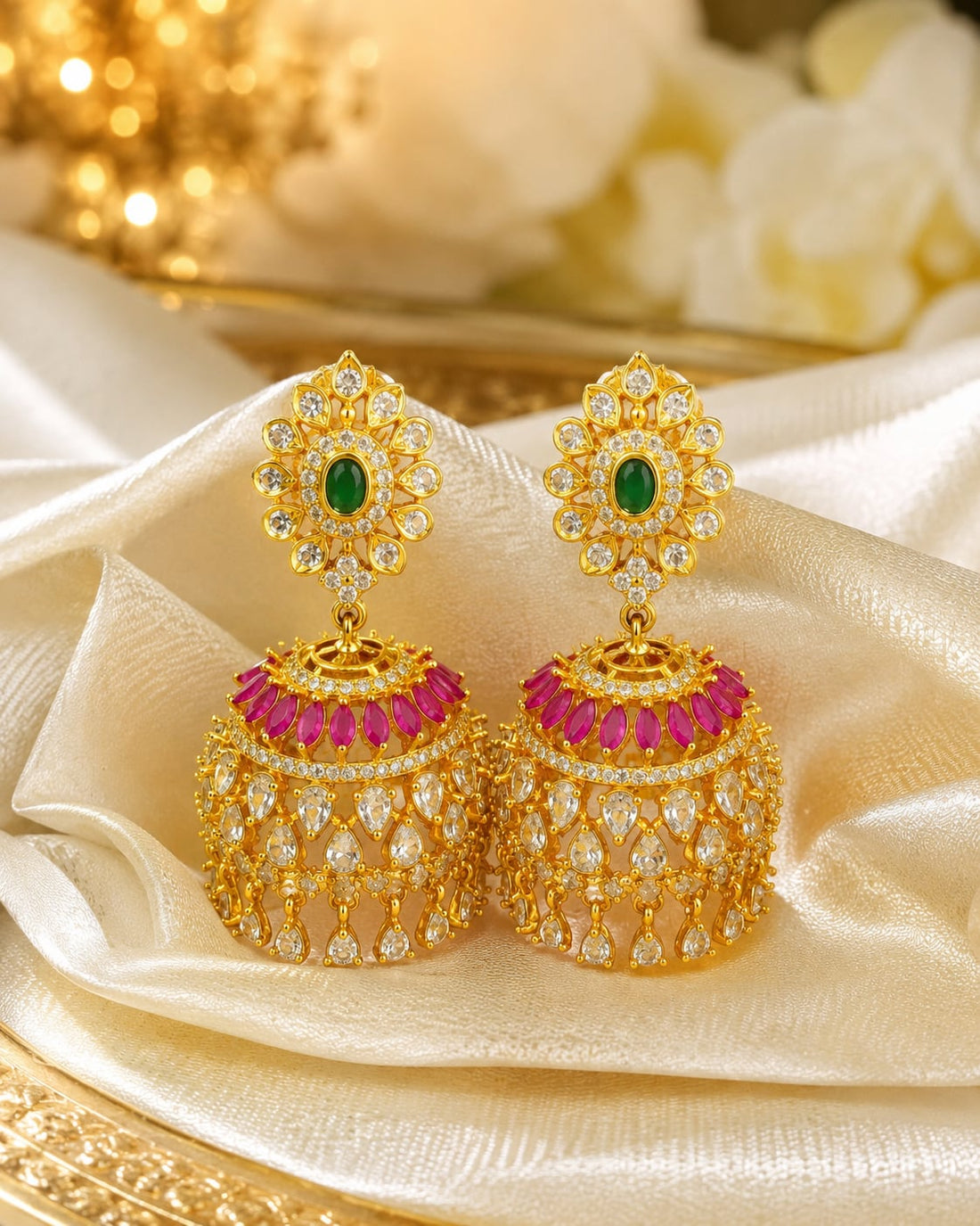 FeelOri gold-plated ruby emerald floral-dome CZ jhumka earrings styled with saree fabric