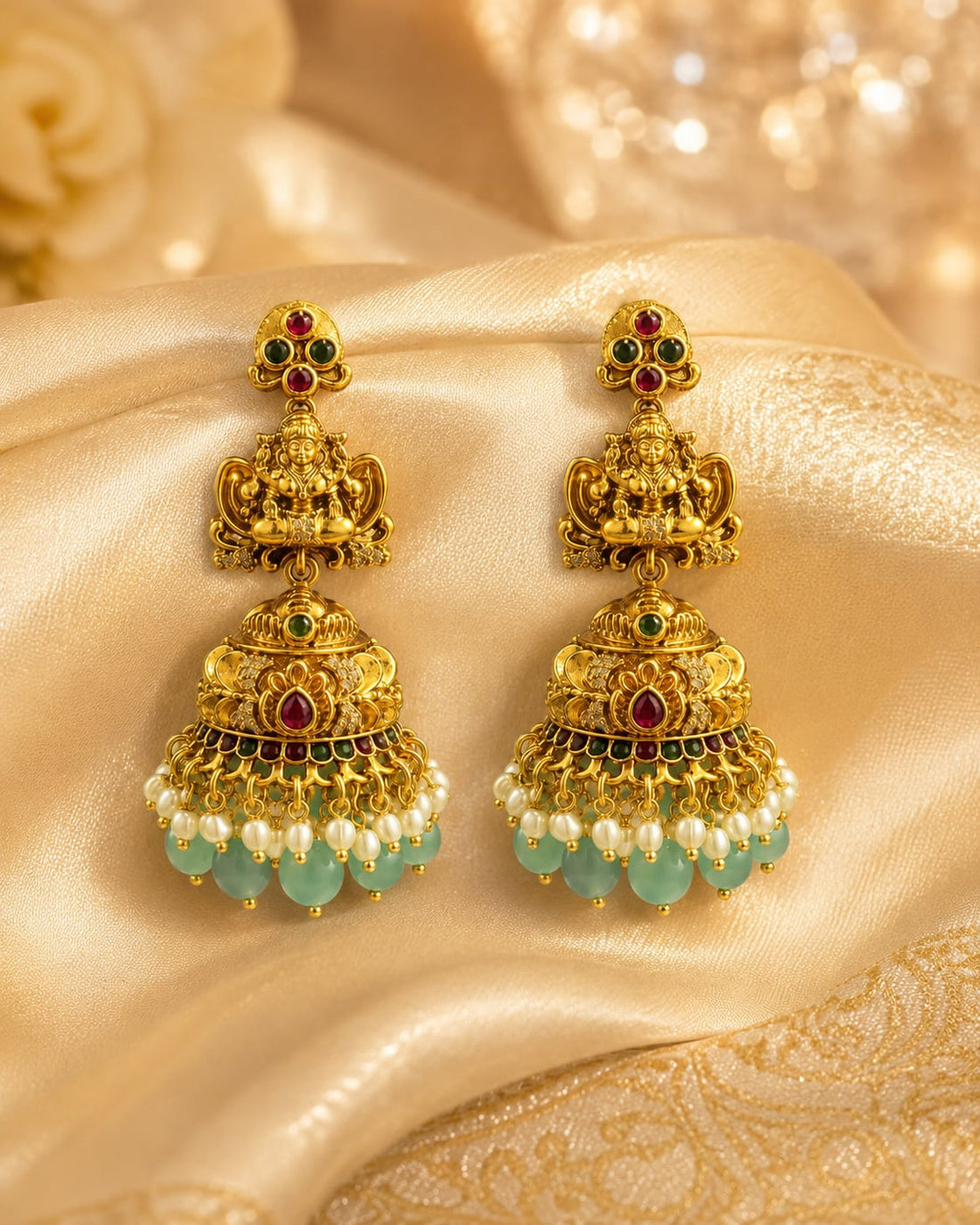 FeelOri gold-plated ruby and emerald jhumka earrings styled with saree fabric for Indian occasion wear