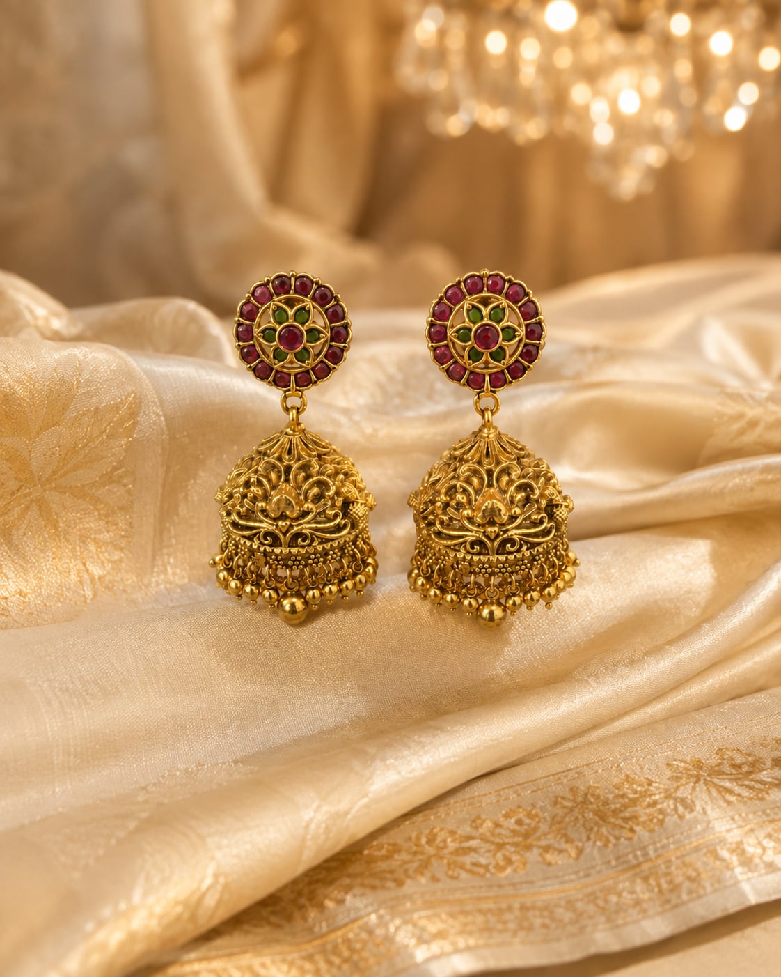 FeelOri gold-plated ruby and emerald jhumka earrings styled with saree fabric for Indian occasion wear