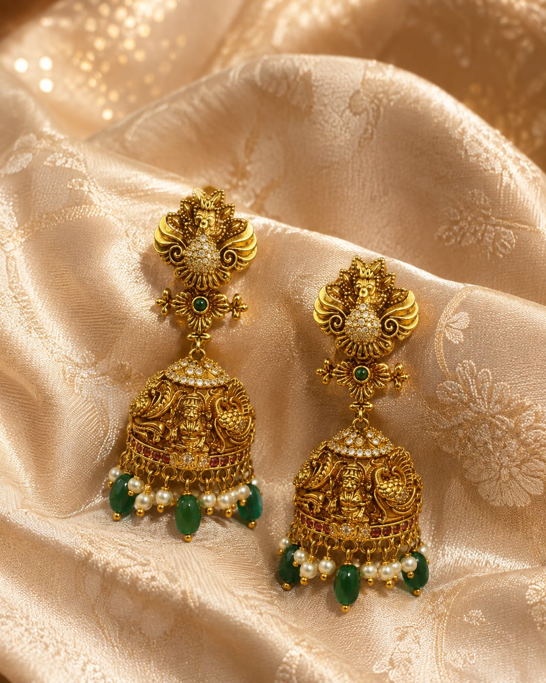 FeelOri gold-plated ruby and emerald jhumka earrings styled with saree fabric for Indian occasion wear