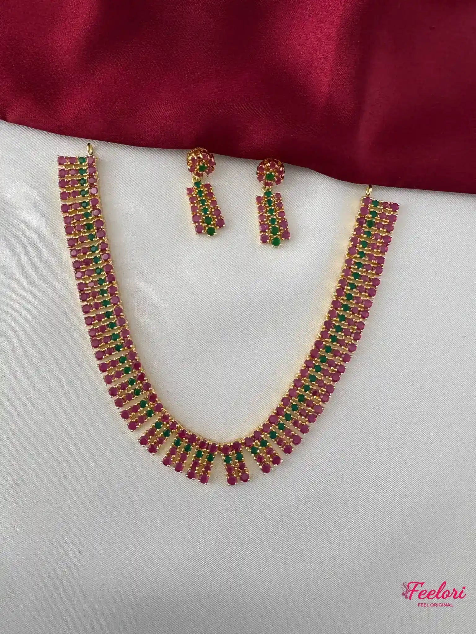 FeelOri Gold Plated Ruby Emerald Necklace Set - Front view showcasing the complete set with geometric stone arrangement on a white background.
