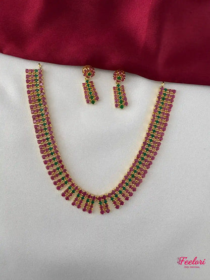 FeelOri Gold Plated Ruby Emerald Necklace Set - Front view showcasing the complete set with geometric stone arrangement on a white background.