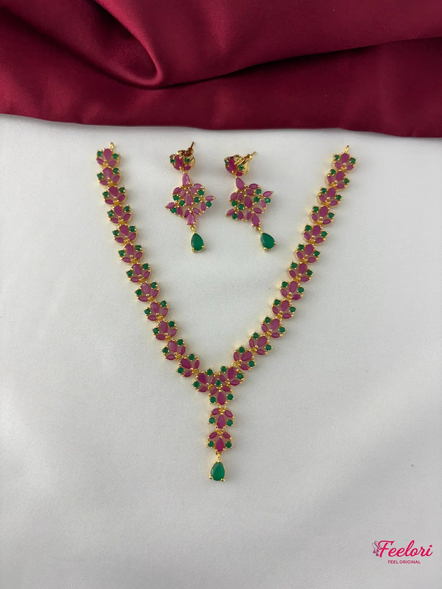 FeelOri Gold Plated Ruby Emerald Vine Necklace Set - Full view showcasing the intricate necklace and matching earrings with floral drop design.