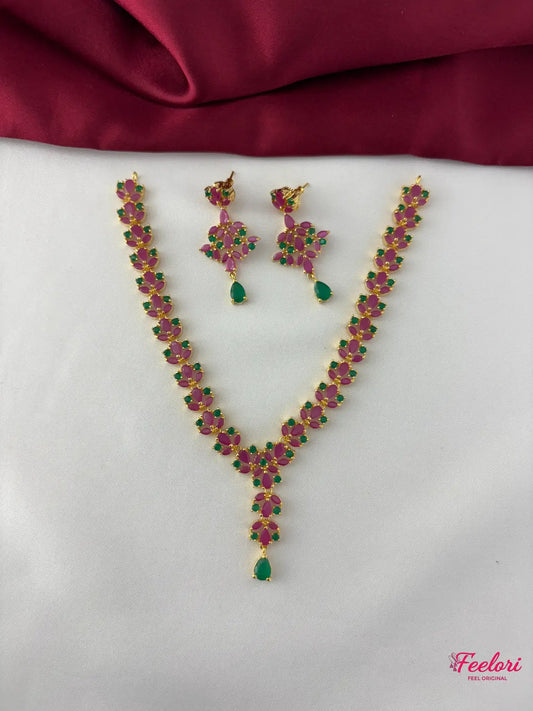 FeelOri Gold Plated Ruby Emerald Vine Necklace Set - Full view showcasing the intricate necklace and matching earrings with floral drop design.