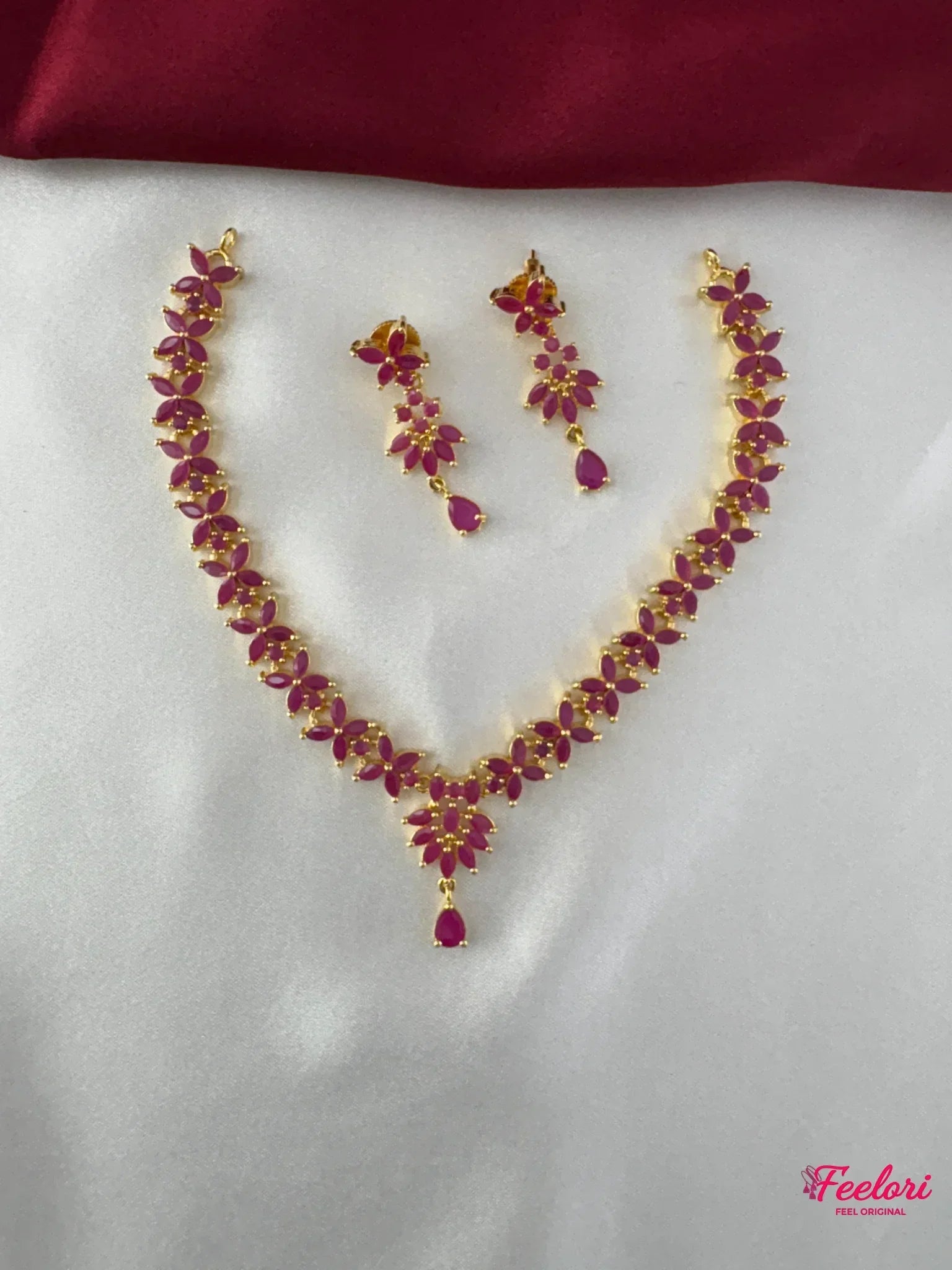 FeelOri Gold Plated Ruby Floral Collar Necklace Set - Front view showcasing the complete set with teardrop pendant and matching earrings.