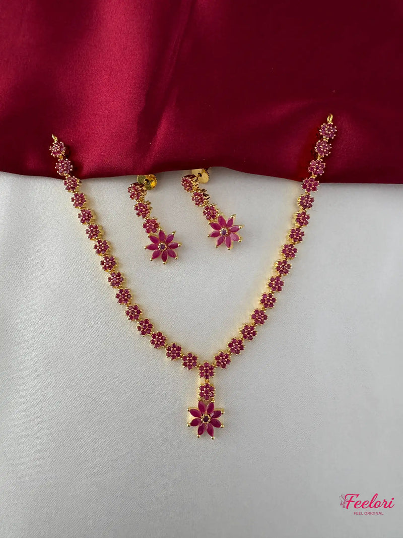FeelOri Gold Plated Ruby-Tone Floral Necklace Earring Set - Intricate Petal Design