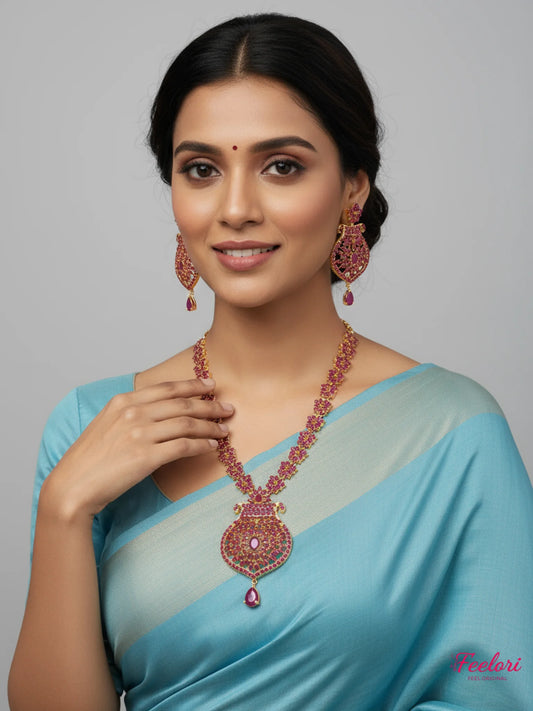 FeelOri Gold Plated Ruby Floral Elegance Jewelry Set - Intricate Design - Ruby Red & Gold - Lifestyle