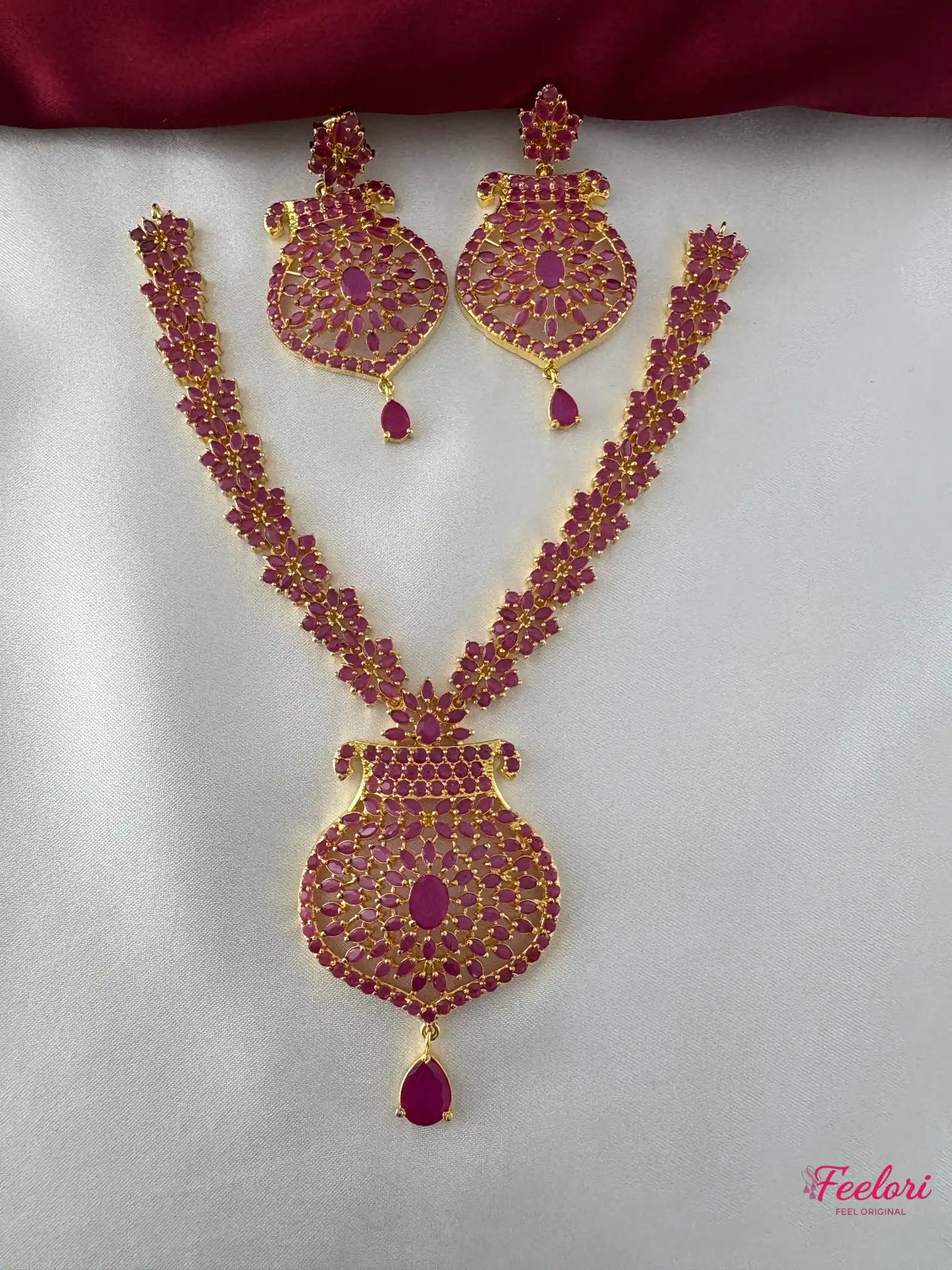 FeelOri Gold Plated Ruby-Tone Floral Elegance Jewelry Set - Intricate Design - FeelOri Indian fashion jewellery view 1