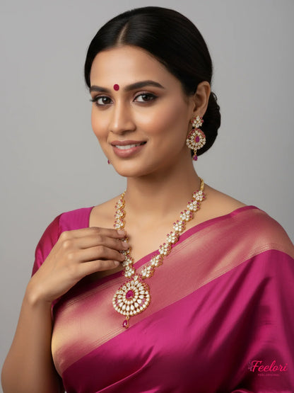 FeelOri Gold Plated Ruby Flower Halo Necklace Set - Model wearing statement set with a peach saree.