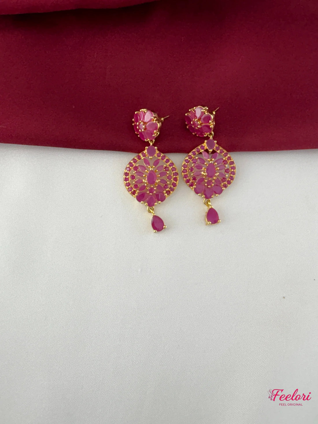 FeelOri Gold Plated Ruby-Tone Flower Petal Necklace Earring Set - Festive Elegance - FeelOri Indian fashion jewellery view 3