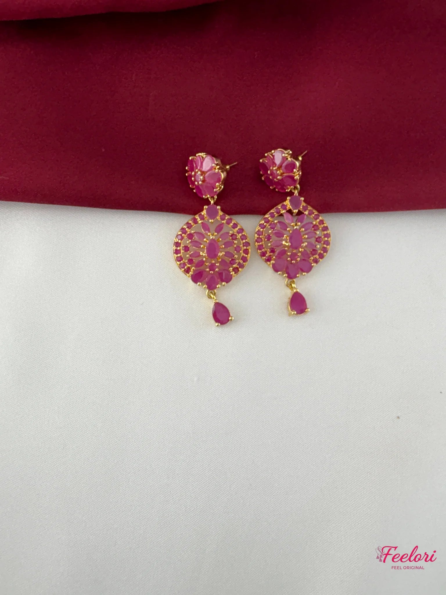 FeelOri Gold Plated Ruby-Tone Flower Petal Necklace Earring Set - Festive Elegance - FeelOri Indian fashion jewellery view 3