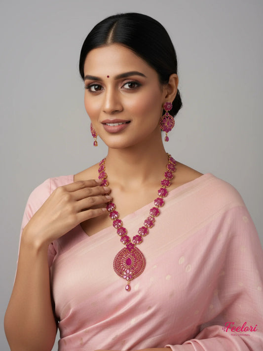 FeelOri Gold Plated Ruby Flower Petal Necklace Earring Set - Festive Elegance - Gold and Ruby Red - Lifestyle